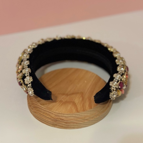 Two Tone Pink and White Rhinestone Black Velvet Headband - Picture 9 of 9